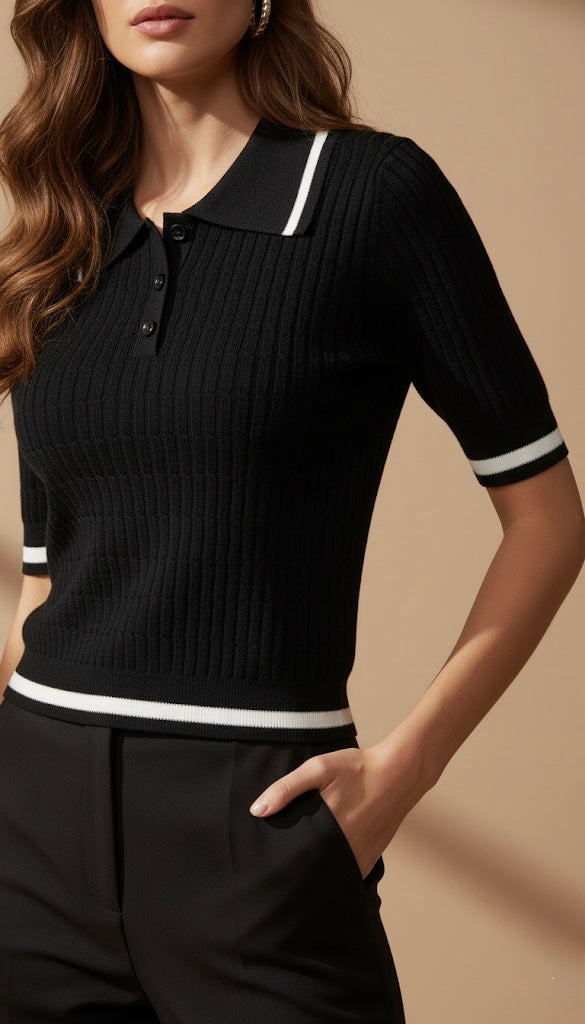 Polo en Maille Côtelée à Liseré Contrasté | Style Sporty-Chic