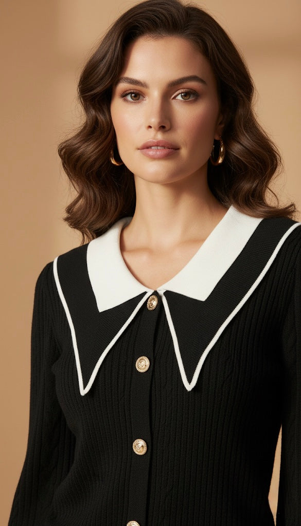 Cardigan en Maille à Col Marin Contrasté | Boutons Dorés