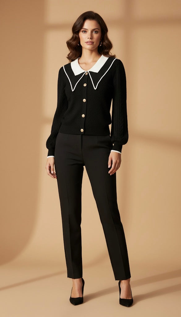 Cardigan en Maille à Col Marin Contrasté | Boutons Dorés