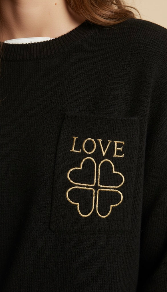 Pull Noir en Maille | Poche Brodé "Love" et Trèfle Doré