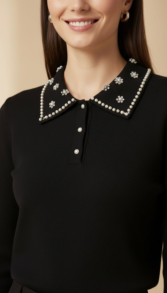 Polo en Maille Gris à Col Bijoux | Ornements Perles et Strass