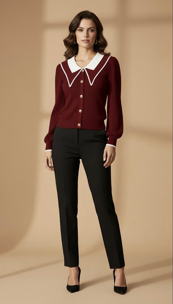 Cardigan en Maille à Col Marin Contrasté | Boutons Dorés