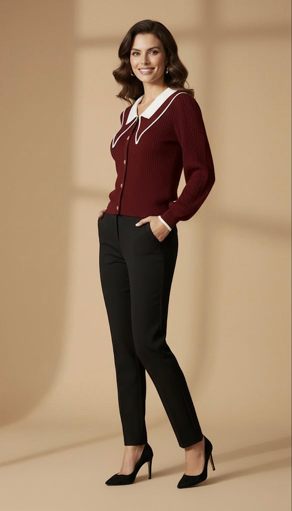 Cardigan en Maille à Col Marin Contrasté | Boutons Dorés