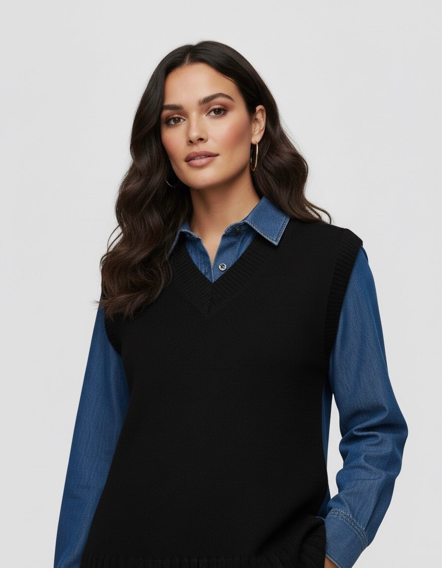 Haut 2-en-1 Effet Superposé | Chemise en Jean et Gilet en Maille Sans Manches