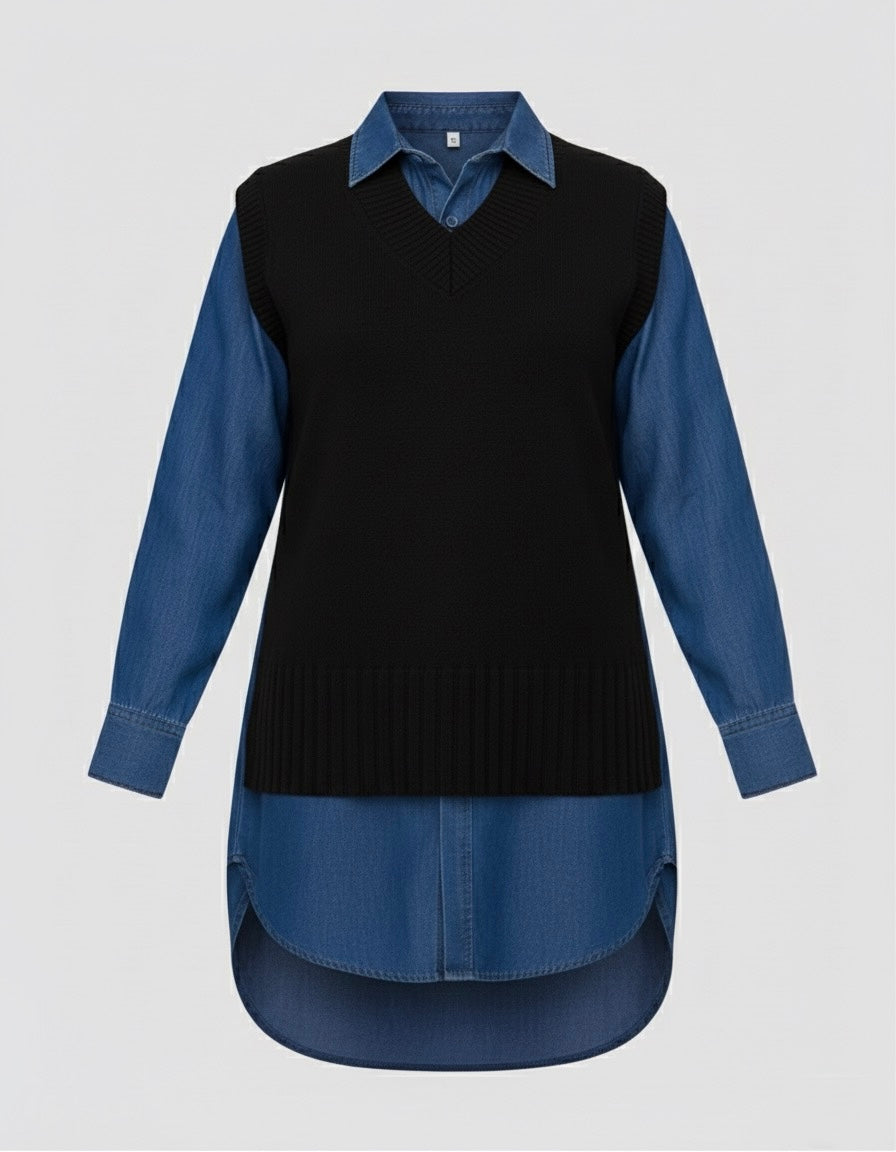 Haut 2-en-1 Effet Superposé | Chemise en Jean et Gilet en Maille Sans Manches