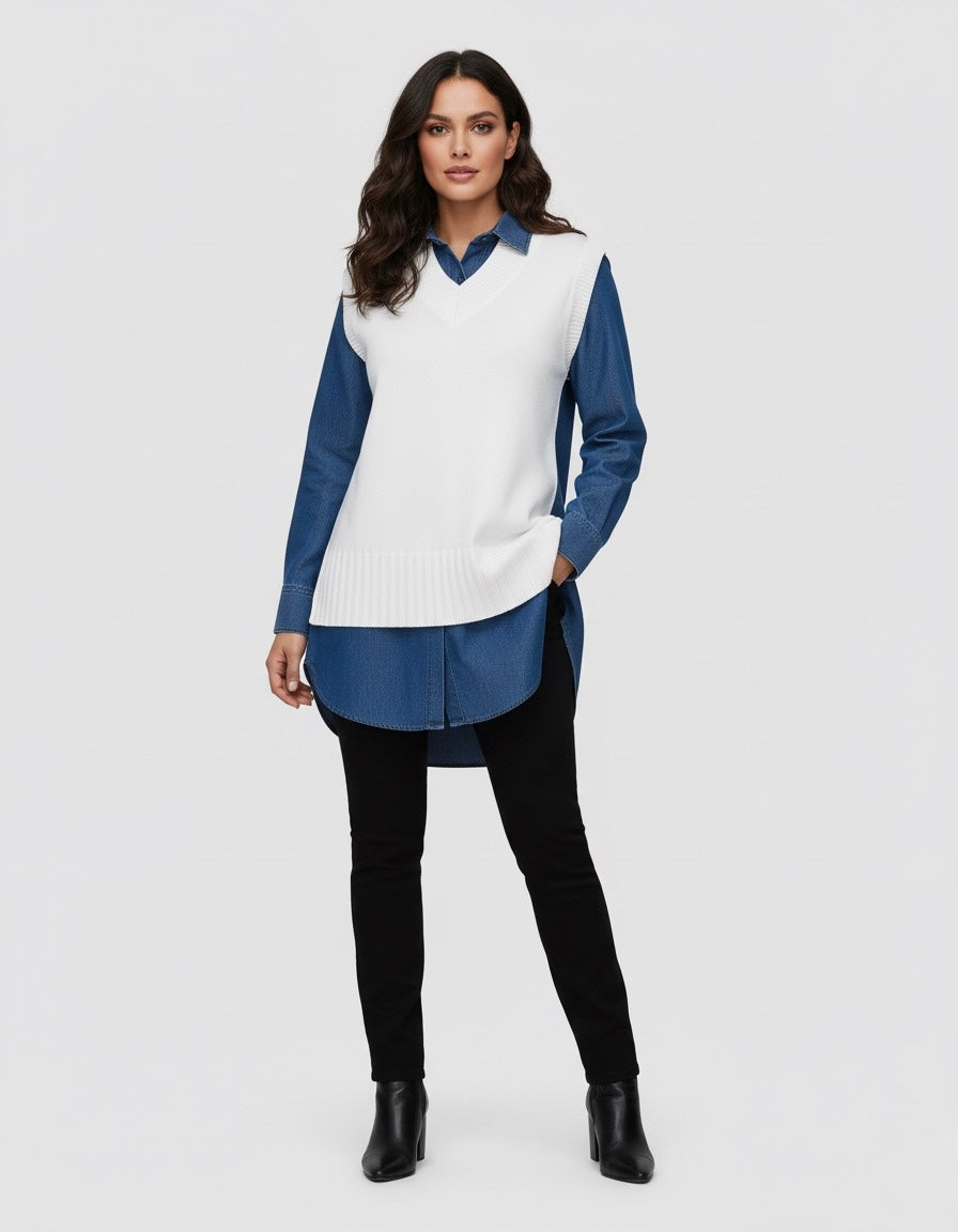 Haut 2-en-1 Effet Superposé | Chemise en Jean et Gilet en Maille Sans Manches
