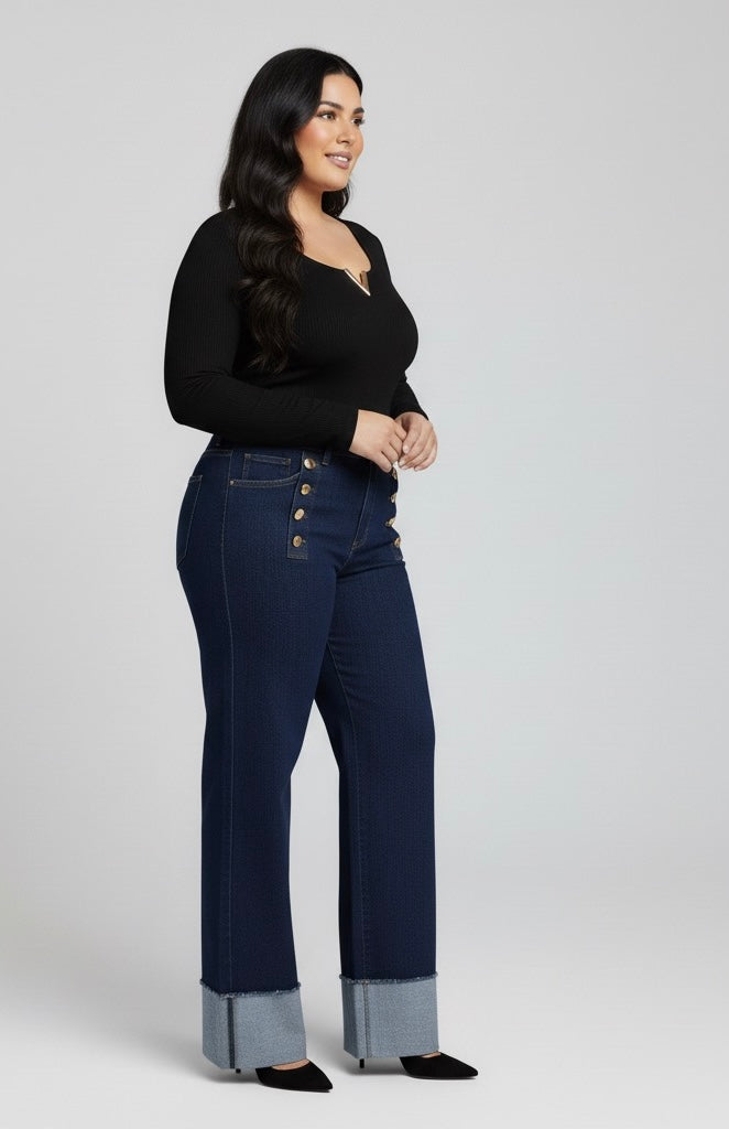 Jean Taille Haute Jambe Large | Style Marin à Boutons Dorés et Revers