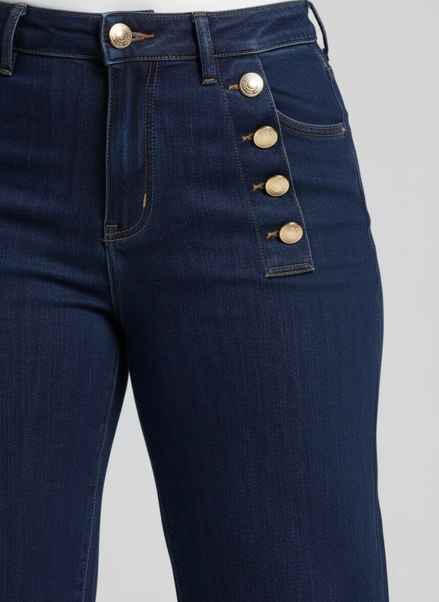 Jean Taille Haute Jambe Large | Style Marin à Boutons Dorés et Revers