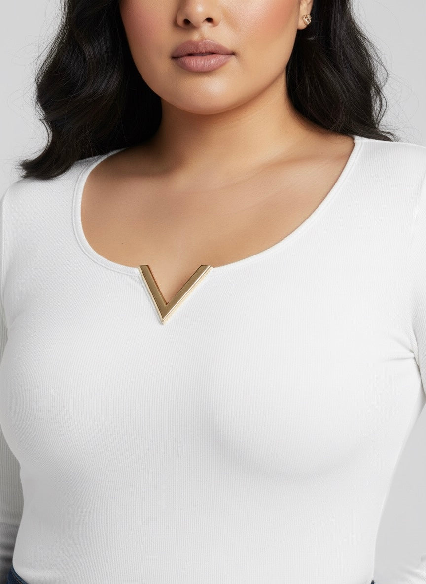 Body Col V Manches Longues | Applique Métallique Dorée