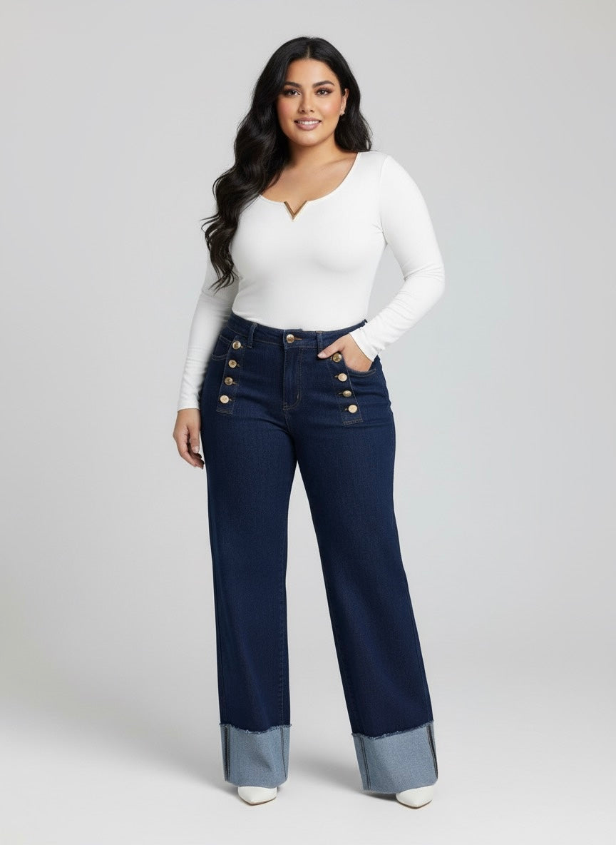 Body Col V Manches Longues | Applique Métallique Dorée