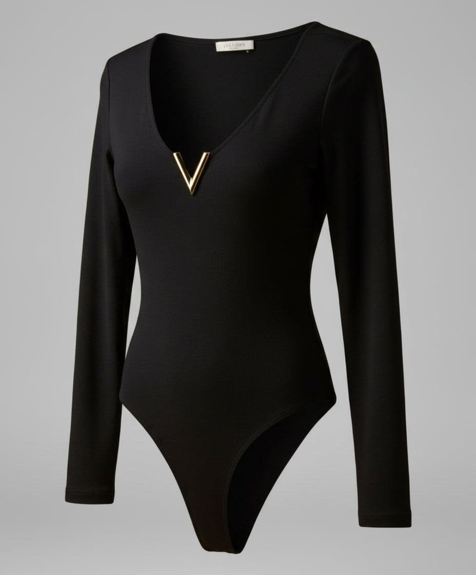 Body Col V Manches Longues | Applique Métallique Dorée