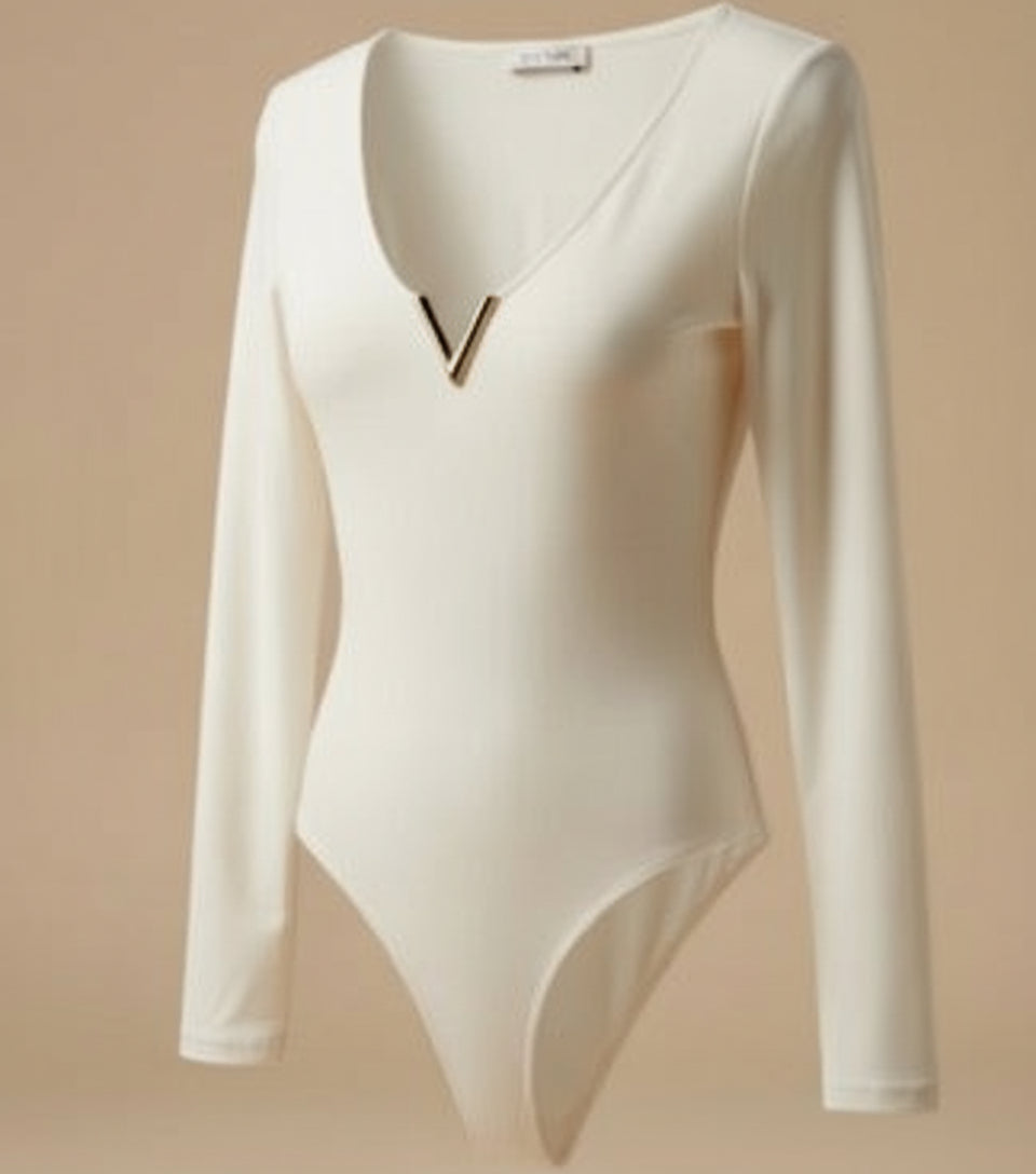 Body Col V Manches Longues | Applique Métallique Dorée